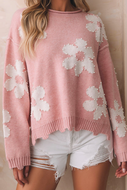 Pearl Trim Flower Round Neck Sweater-Angel Casuals