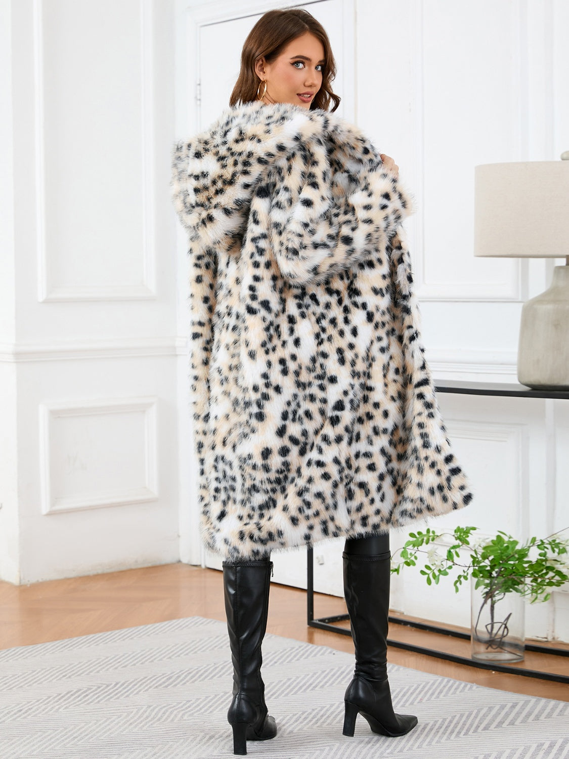 Thermal Leopard Faux Fur Hooded Outerwear-Angel Casuals