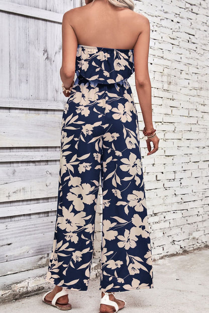 Floral Strapless Wide Leg Jumpsuit-Angel Casuals