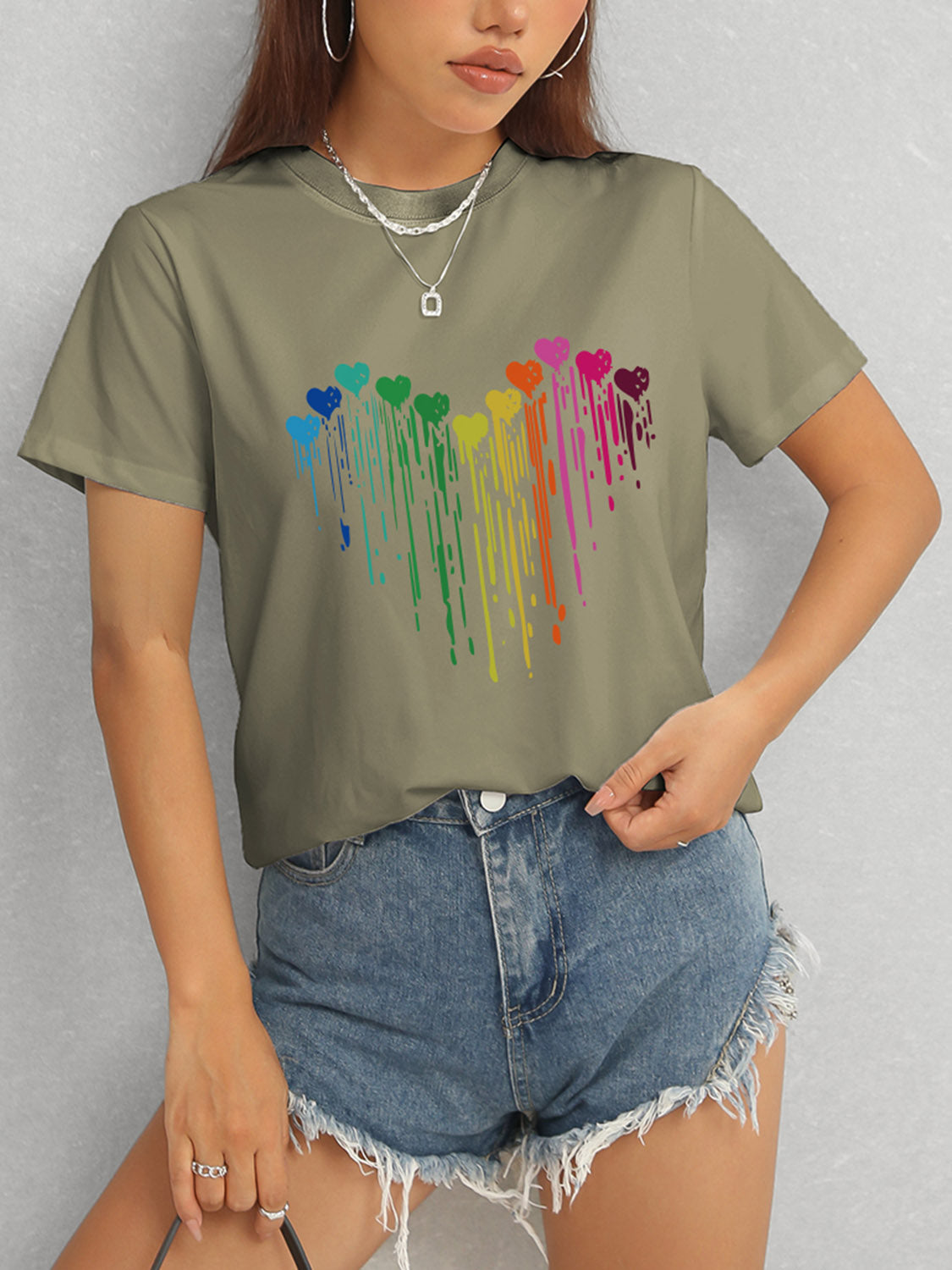 Heart Round Neck Short Sleeve T-Shirt-Angel Casuals