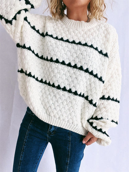 Contrast Stripes Round Neck Long Sleeve Sweater-Angel Casuals