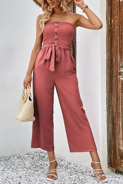 Decorative Button Strapless Smocked Jumpsuit with Pockets-Angel Casuals