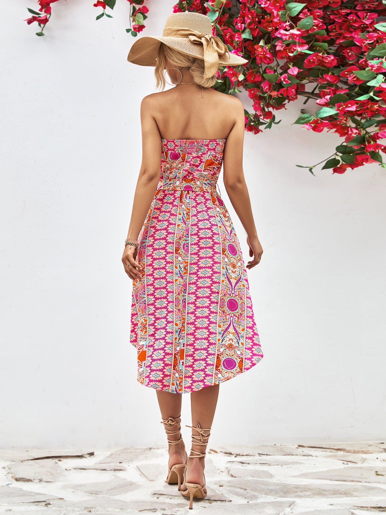 Printed Strapless Tie Belt Dress-Angel Casuals