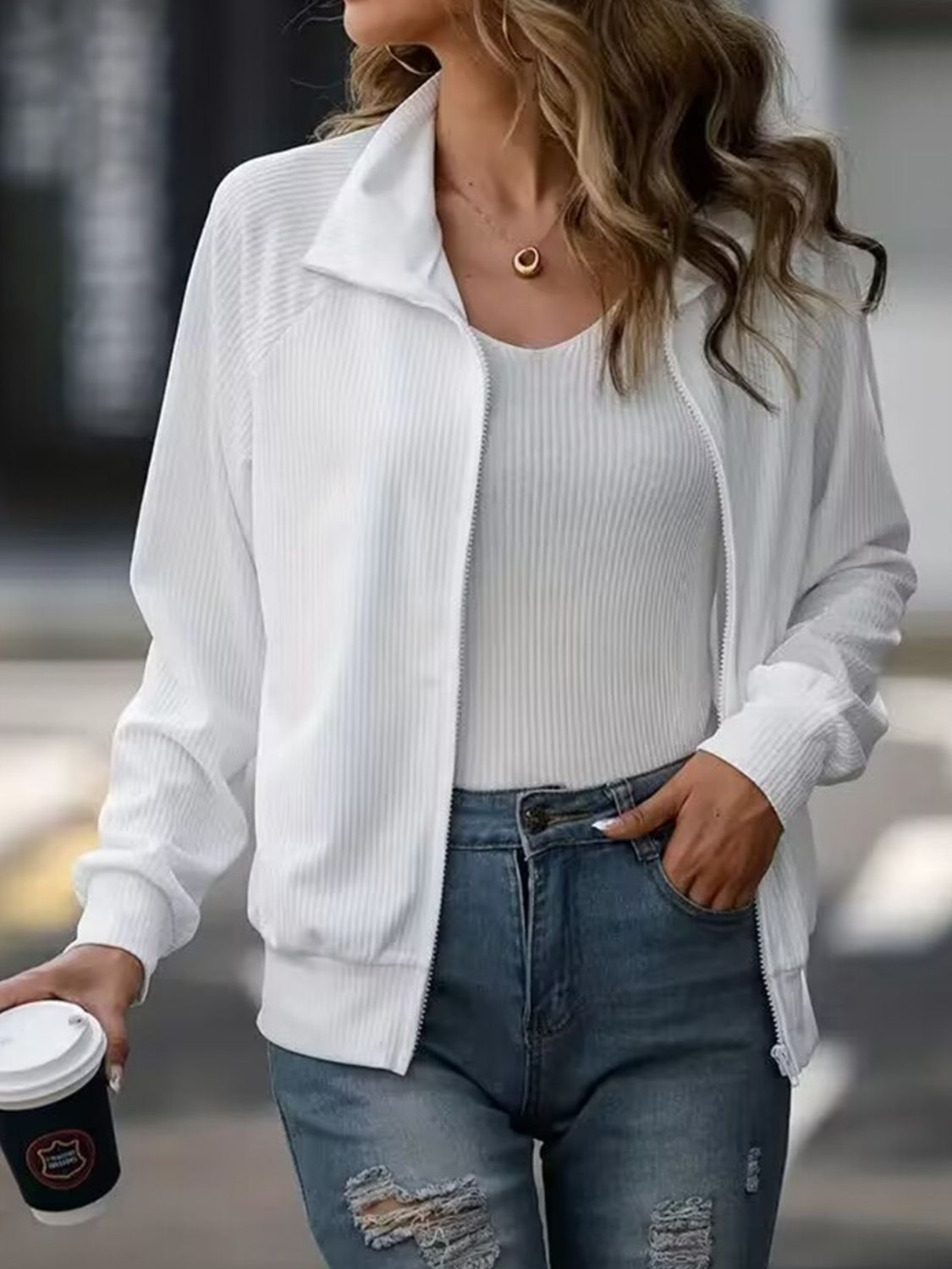 Zip Up Collared Neck Raglan Sleeve Jacket-Angel Casuals