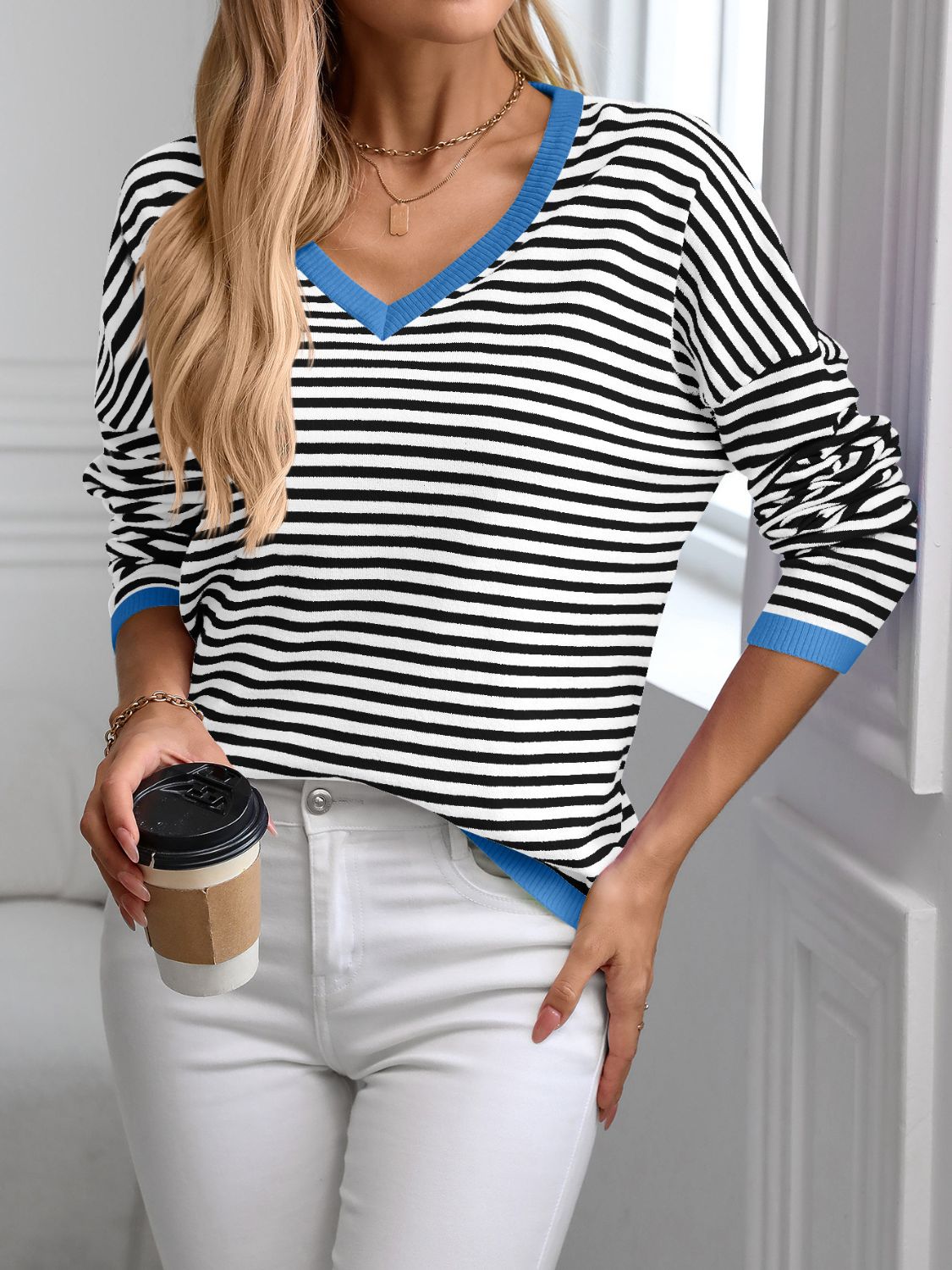 Contrast Trim Striped V-Neck Long Sleeve Knit Top-Angel Casuals