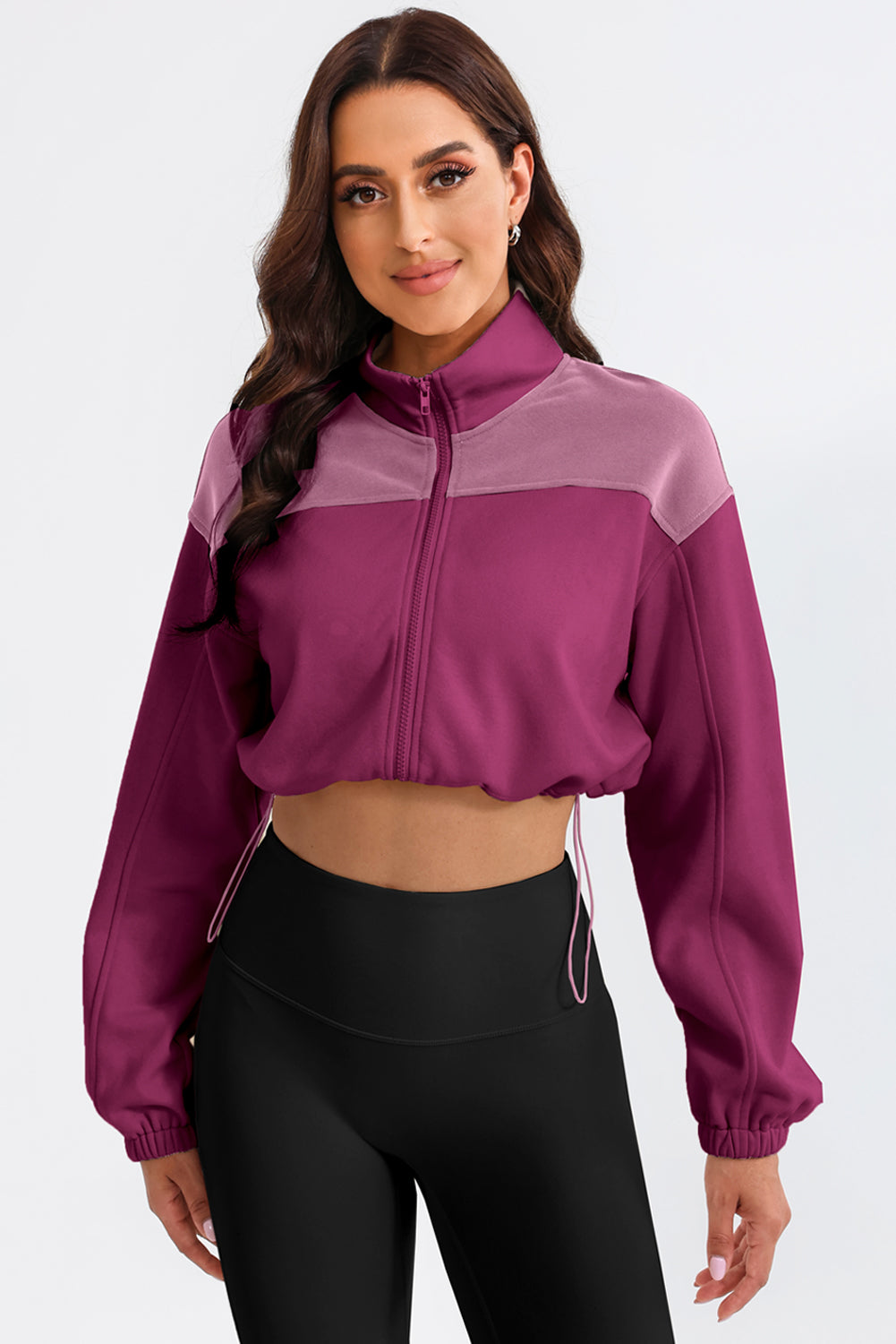 Contrast Drawstring Zip Up Jacket-Angel Casuals