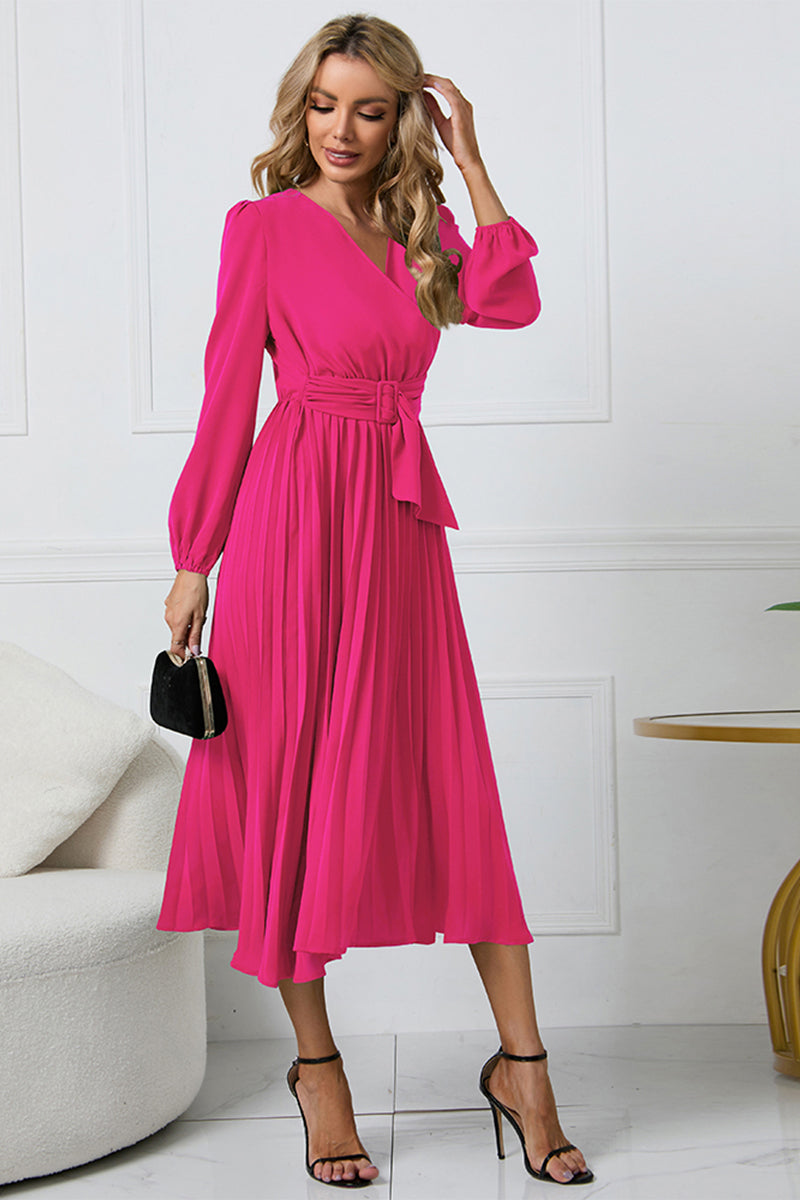 V-Neck Long Sleeve Tie Waist Midi Dress-Angel Casuals