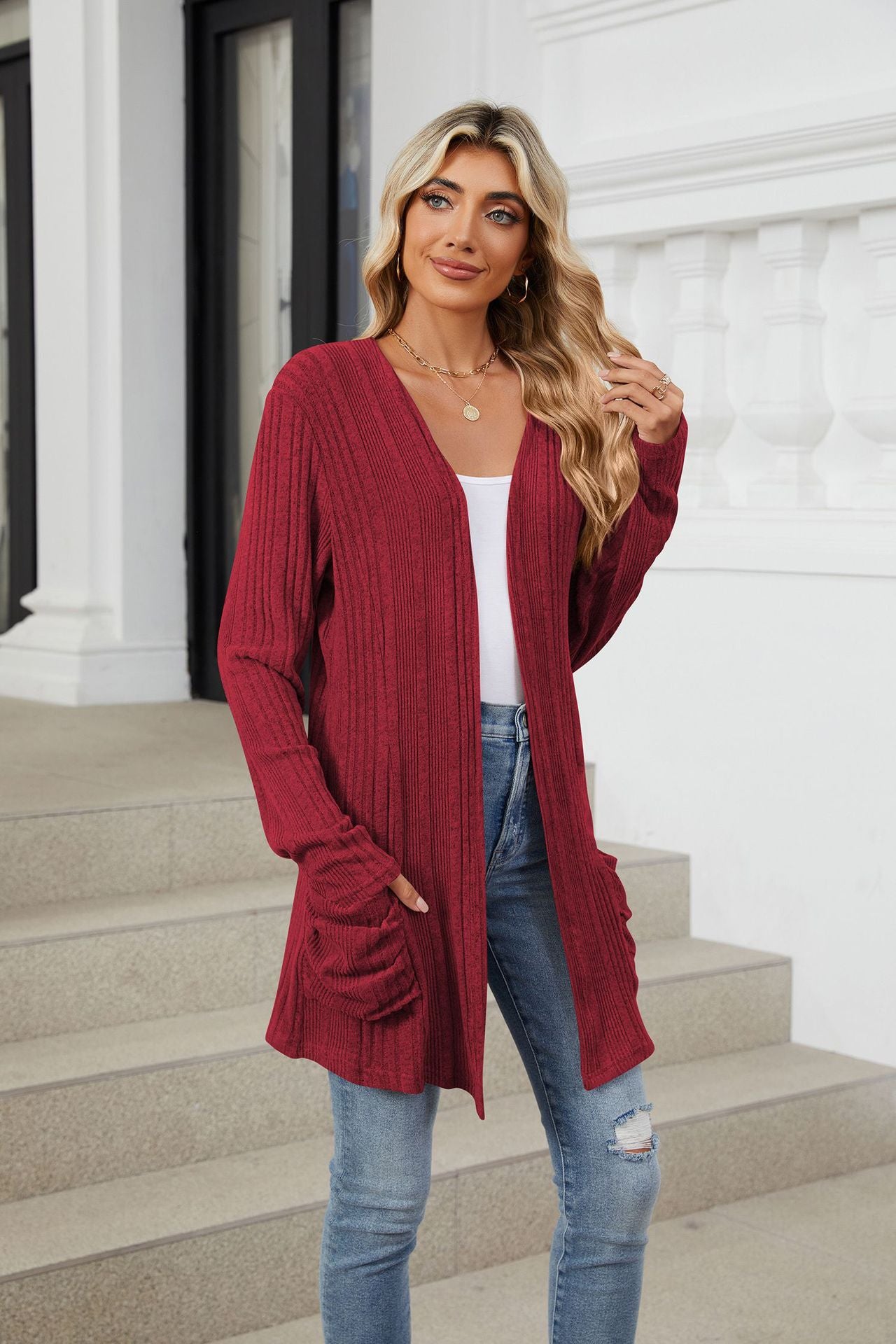 Pocketed Open Front Long Sleeve Cardigan-Angel Casuals