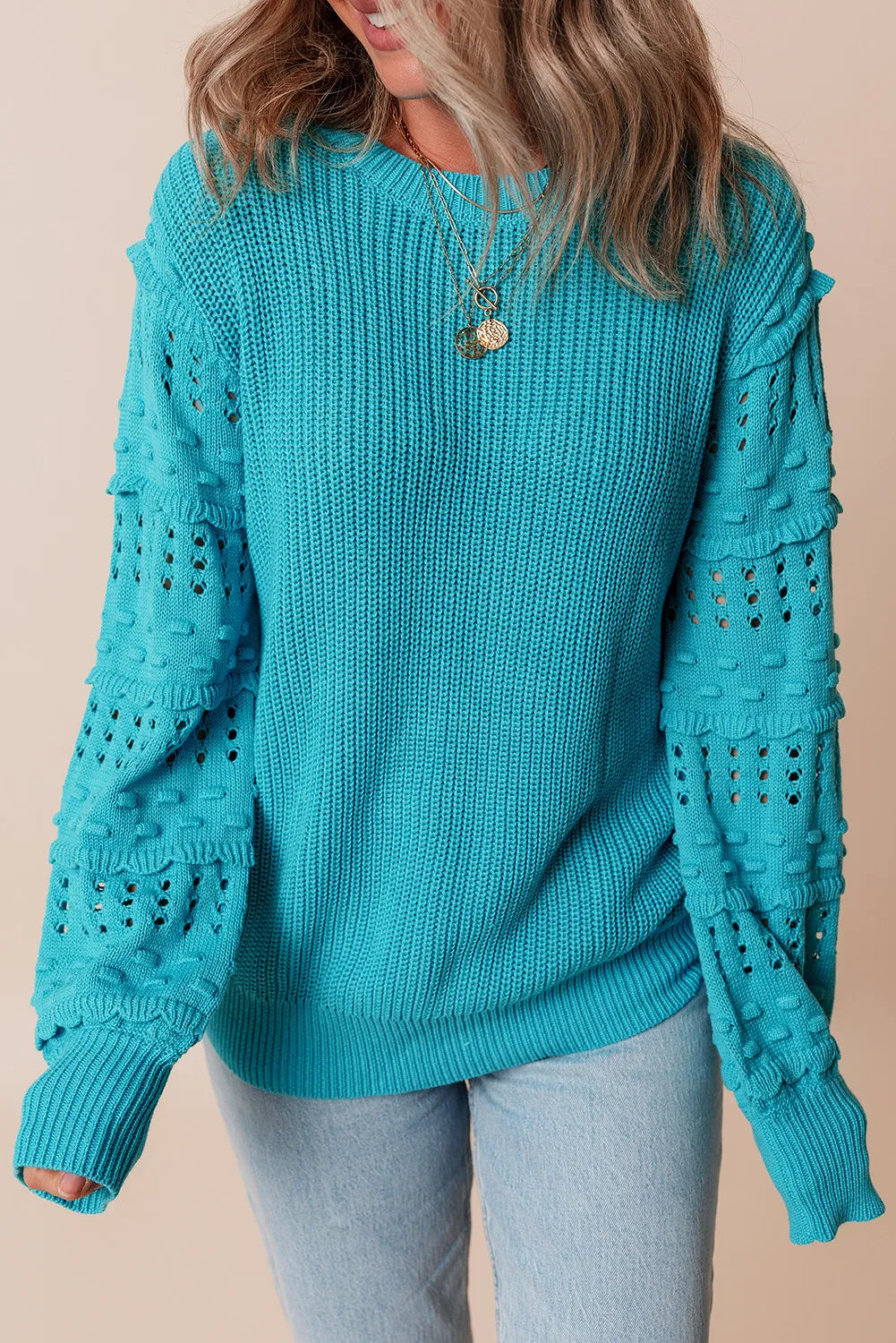 Openwork Frill Round Neck Long Sleeve Sweater-Angel Casuals