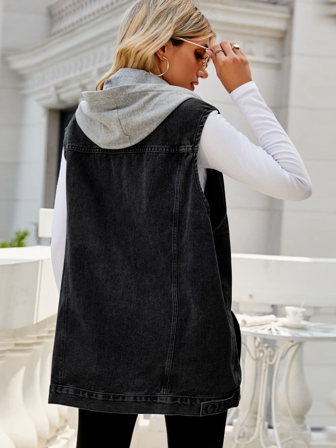 Drawstring Hooded Sleeveless Denim Top with Pockets-Angel Casuals