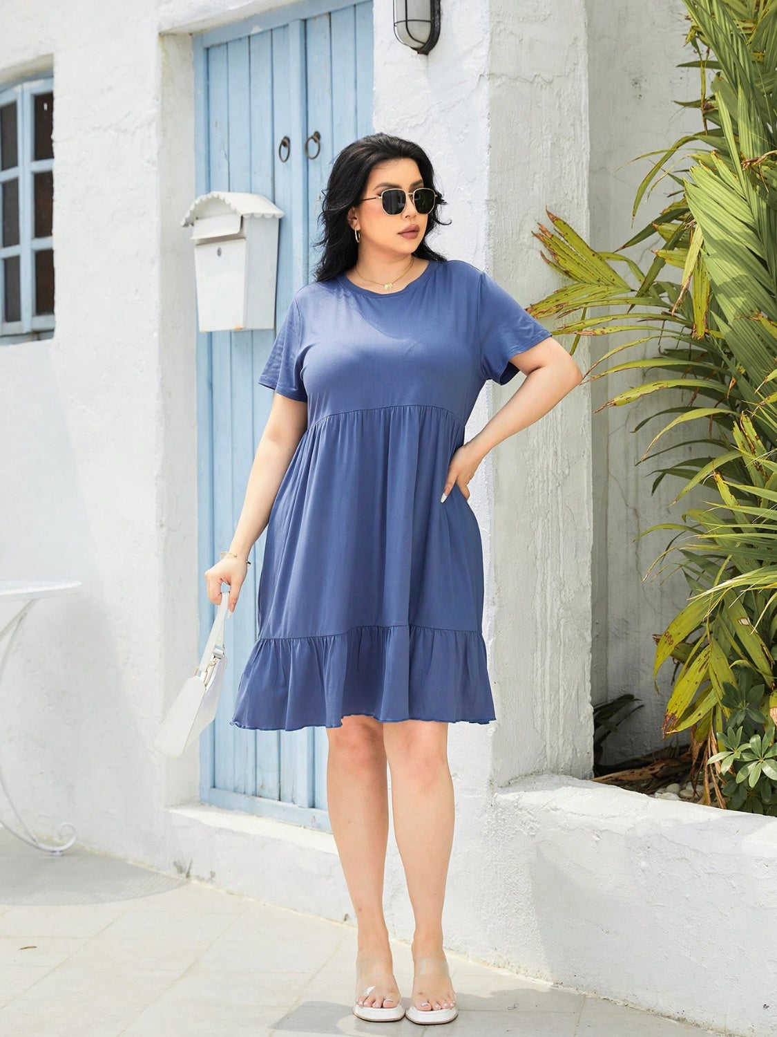 Plus Size Round Neck Short Sleeve Dress-Angel Casuals