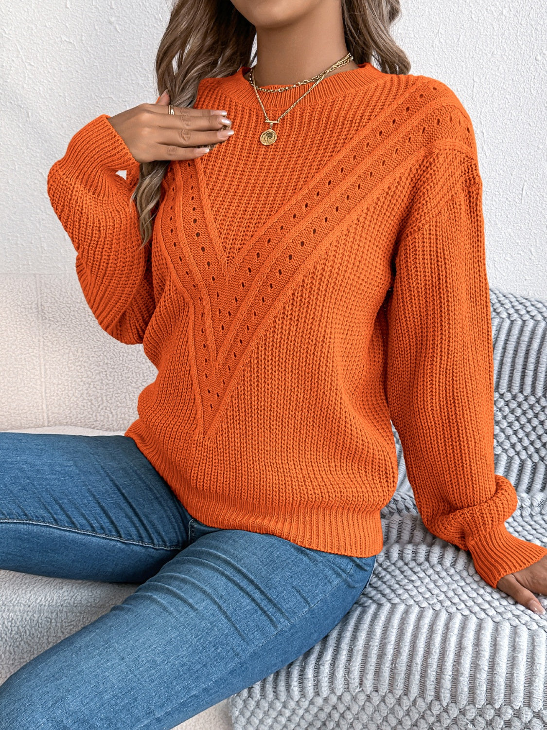 Openwork Round Neck Long Sleeve Sweater-Angel Casuals