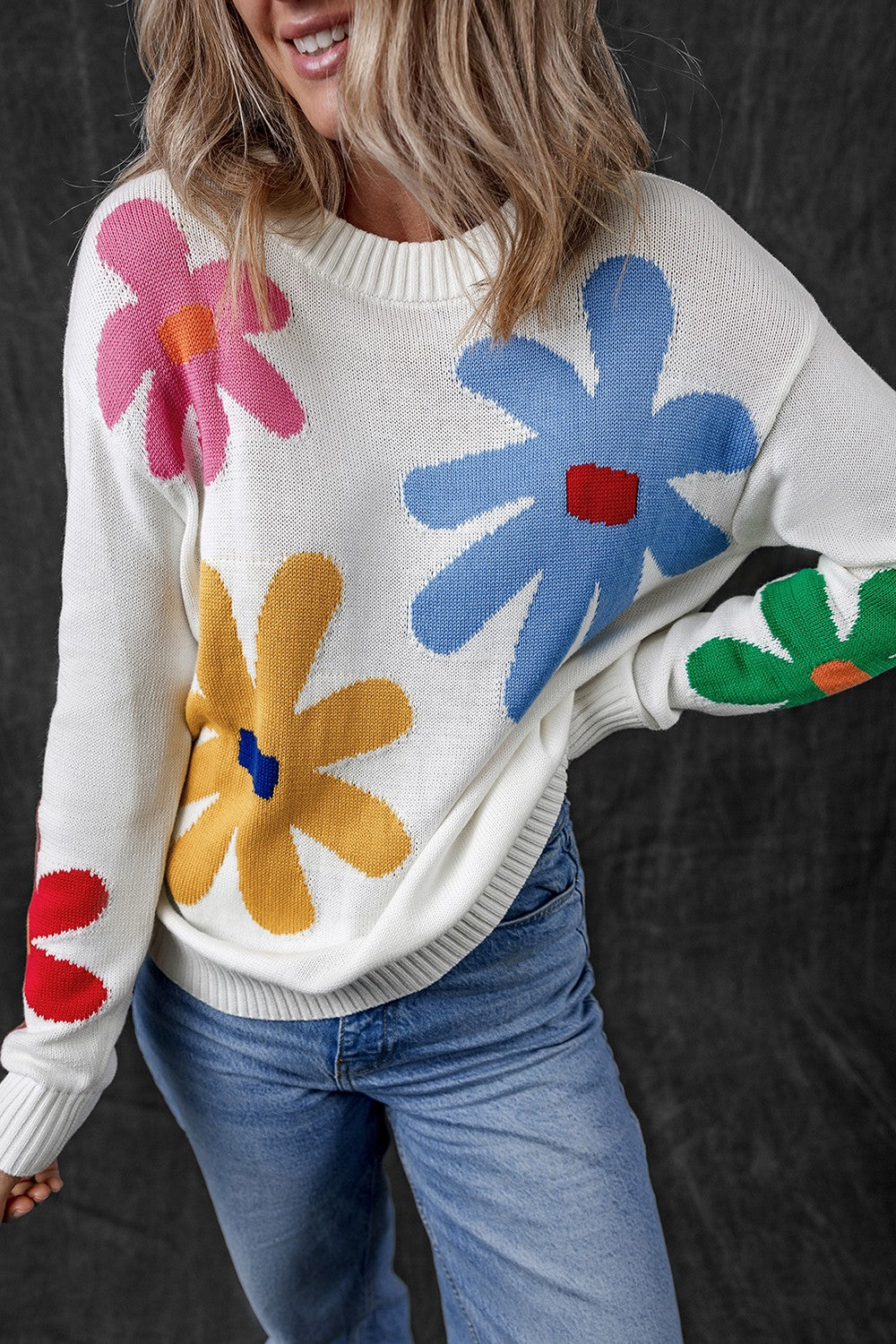 Flower Round Neck Dropped Shoulder Sweater-Angel Casuals