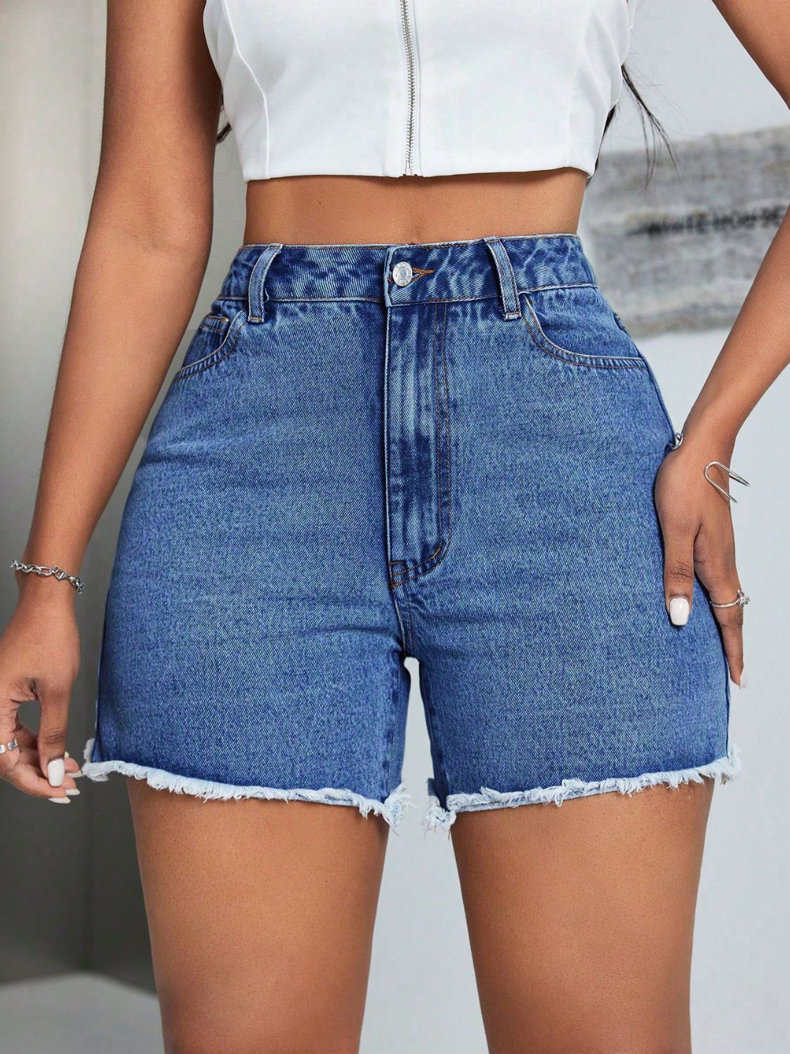 Raw Hem High Waist Denim Shorts-Angel Casuals