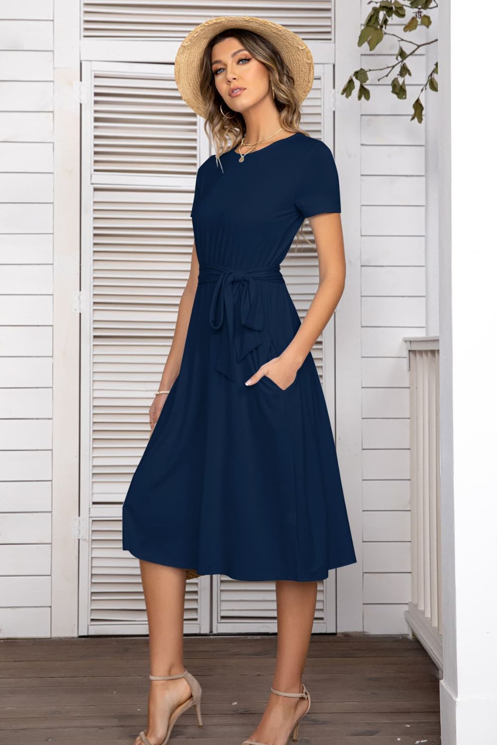 Belted Tee Dress With Pockets-Angel Casuals