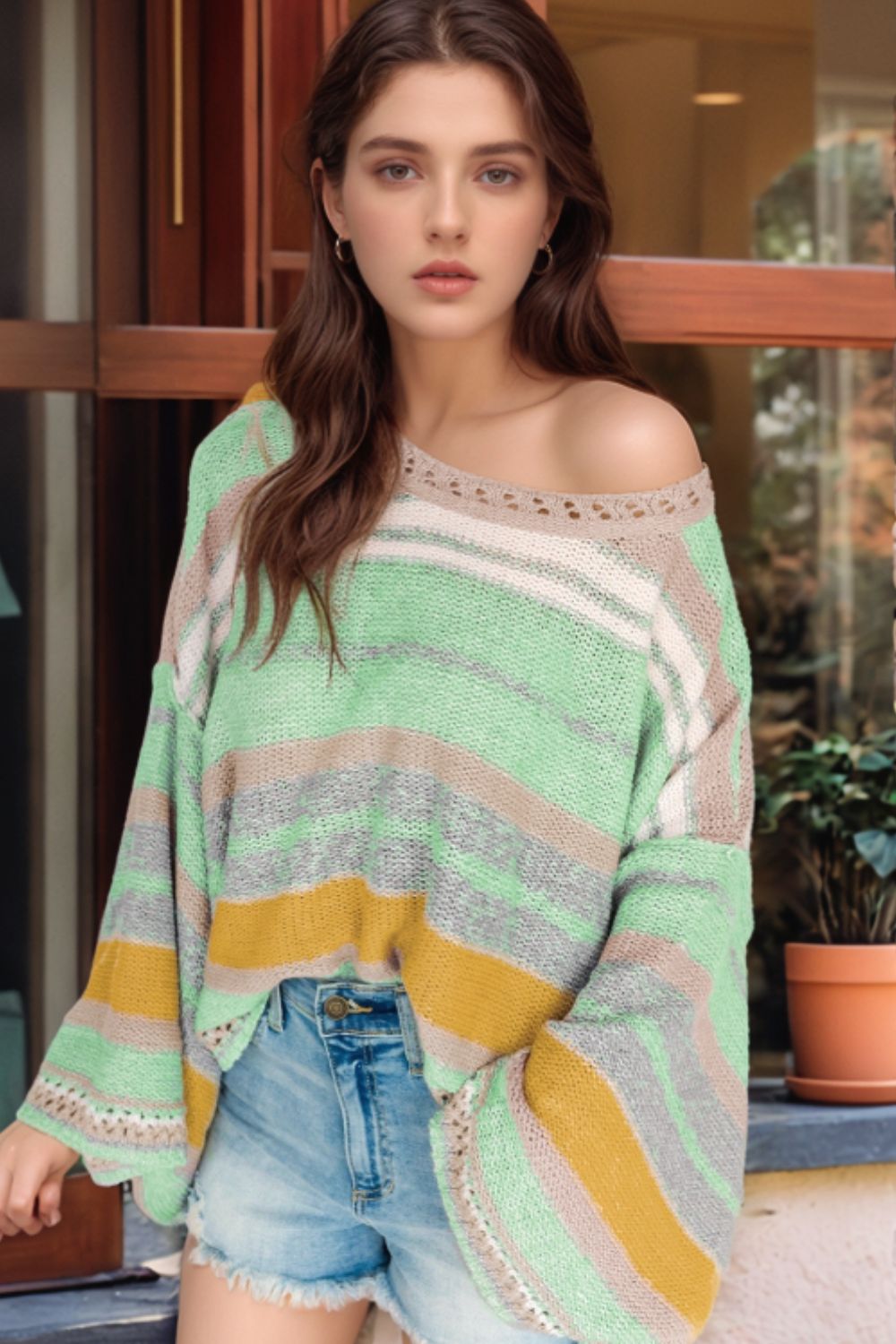 Contrast Striped Boat Neck Dropped Shoulder Sweater-Angel Casuals