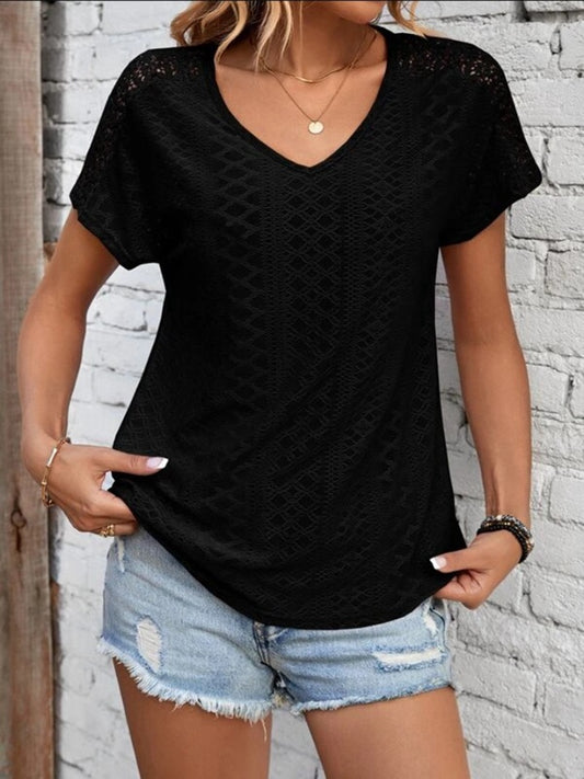 Eyelet V-Neck Short Sleeve T-Shirt-Angel Casuals