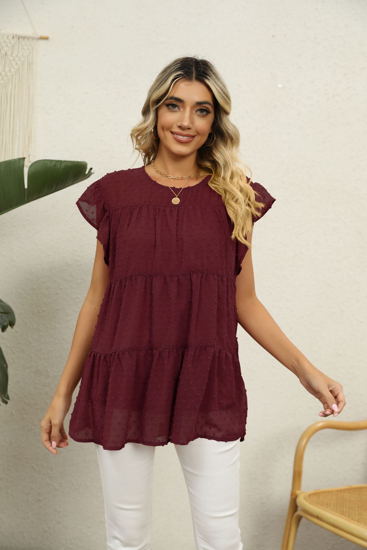 Swiss Dot Round Neck Tiered Blouse-Angel Casuals