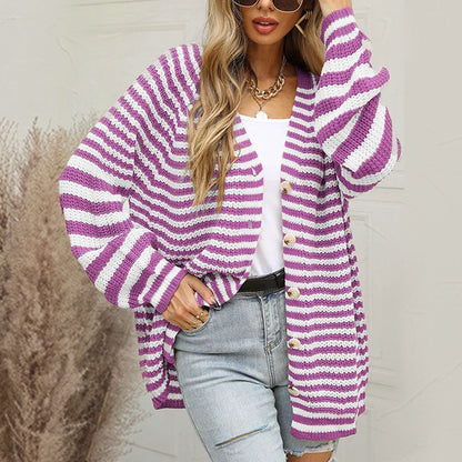 Striped Button Down Long Sleeve Cardigan-Angel Casuals
