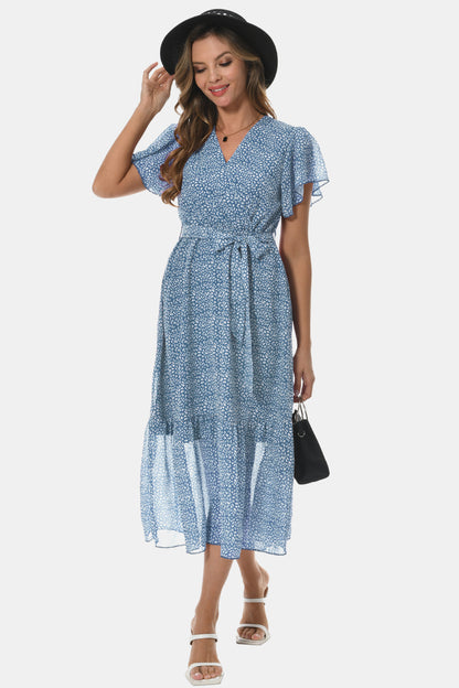 Surplice Neck Flutter Sleeve Tied Dress-Angel Casuals