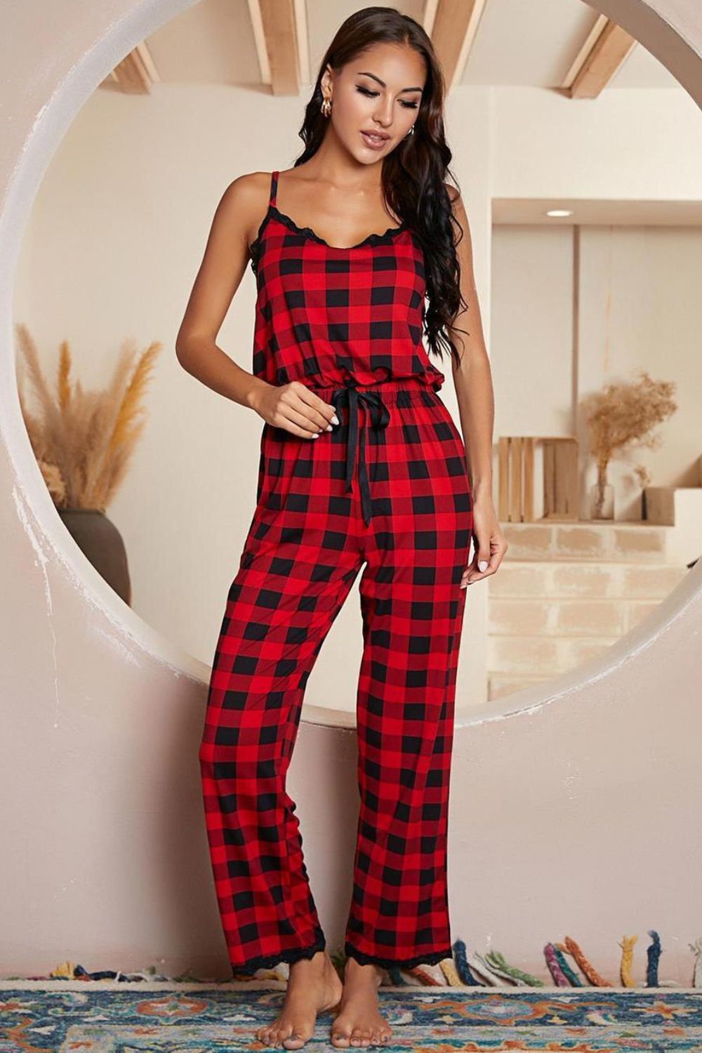 Plaid Lace Trim Spaghetti Strap Jumpsuit-Angel Casuals