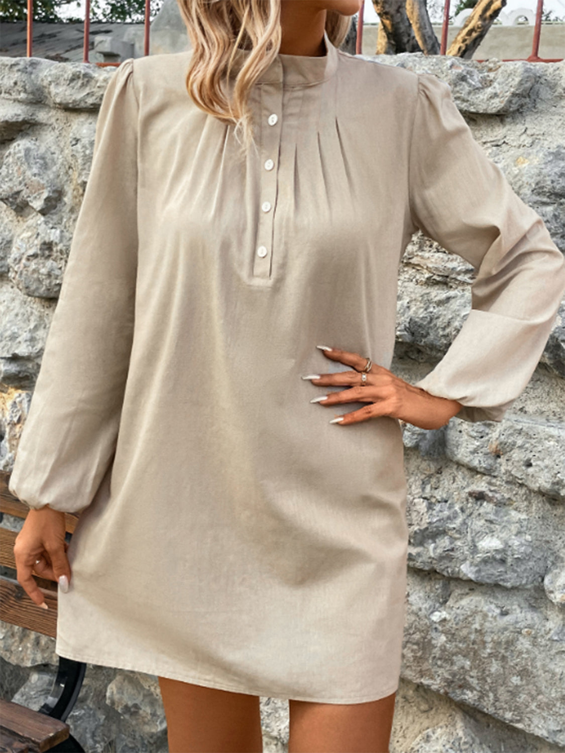 Half Button Mock Neck Long Sleeve Mini Shirt Dress-Angel Casuals