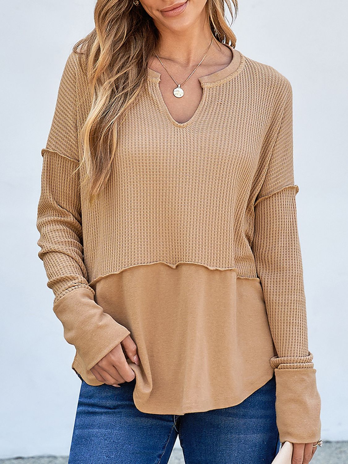 Waffle-Knit Notched Long Sleeve T-Shirt-Angel Casuals