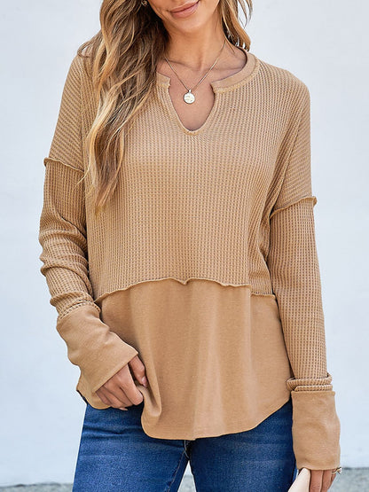 Waffle-Knit Notched Long Sleeve T-Shirt-Angel Casuals