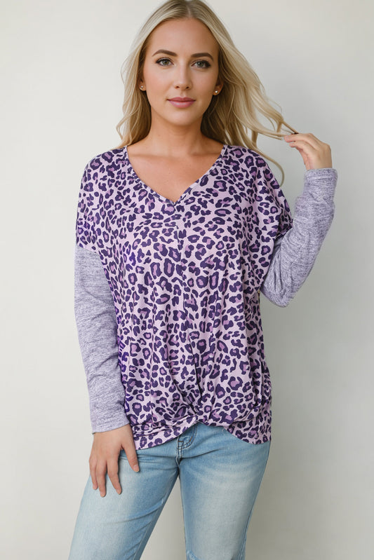 Leopard V-Neck Long Sleeve T-Shirt-Angel Casuals