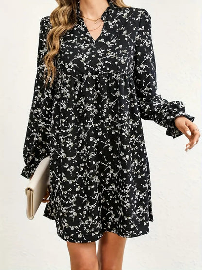 Ditsy Floral Notched Flounce Sleeve Dress-Angel Casuals