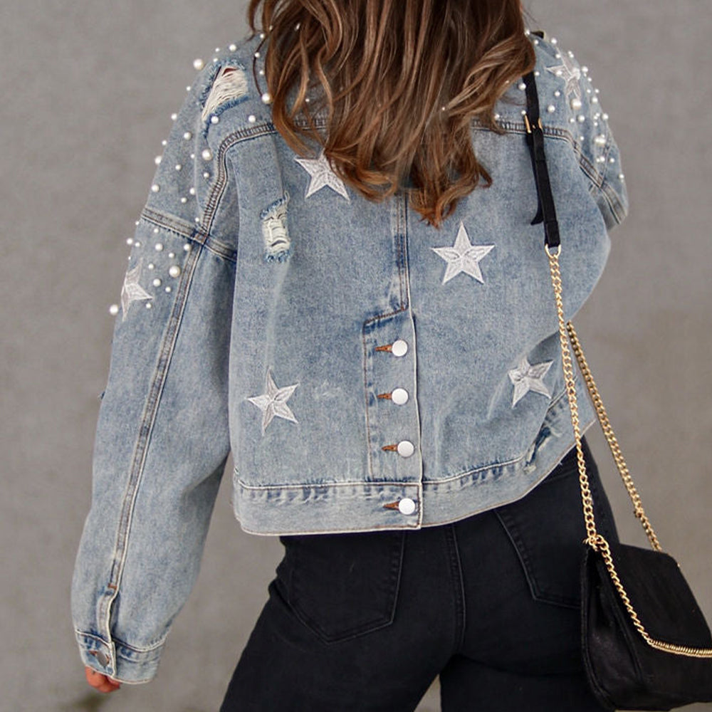 Bead Detail Denim Jacket-Angel Casuals