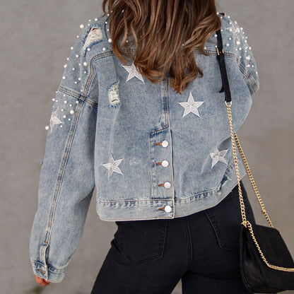 Bead Detail Denim Jacket-Angel Casuals