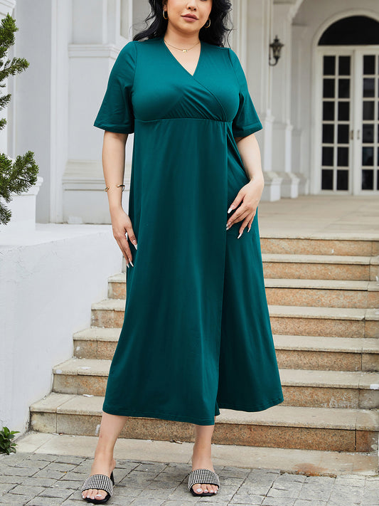 Plus Size Slit Surplice Short Sleeve Midi Dress-Angel Casuals