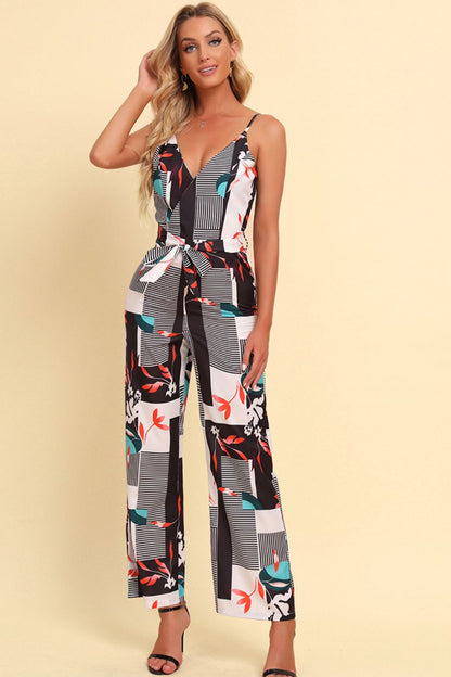 Printed Spaghetti Strap Tied Jumpsuit-Angel Casuals