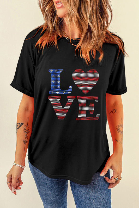 Rhinestone Round Neck Short Sleeve T-Shirt-Angel Casuals