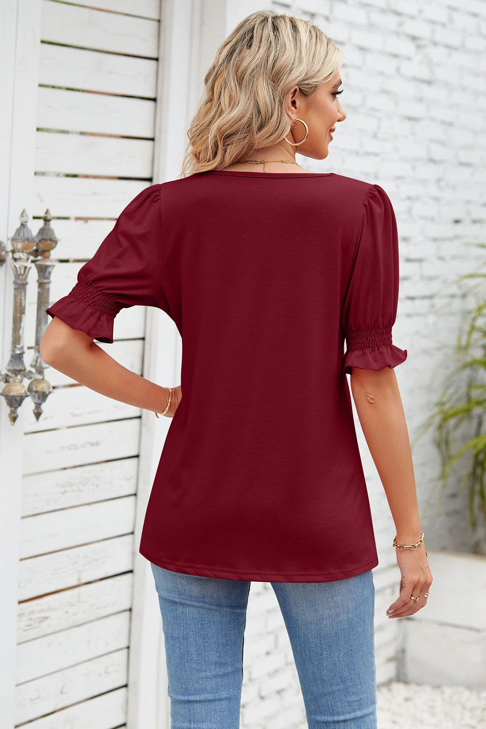 Smocked Square Neck Short Sleeve T-Shirt-Angel Casuals