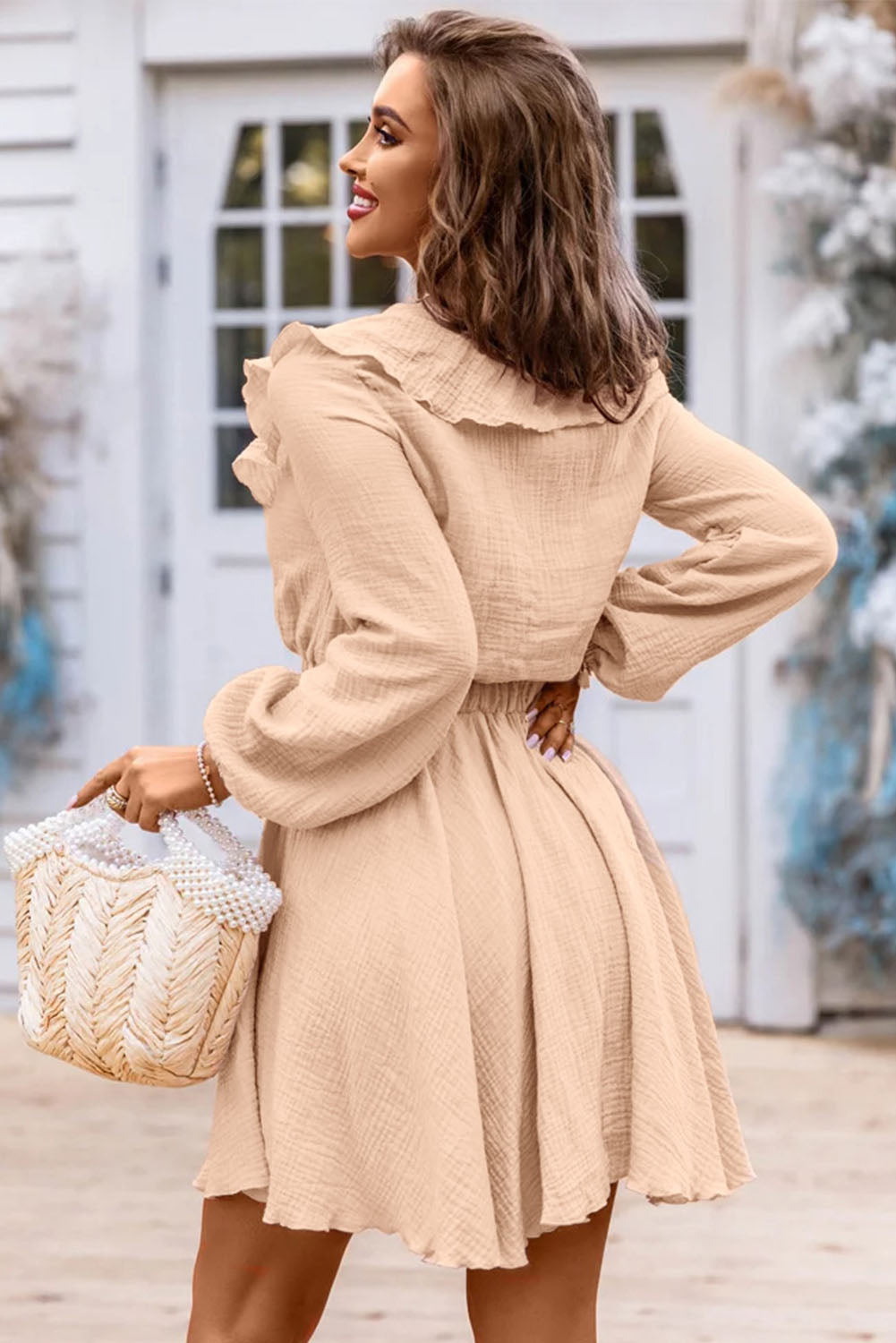 Ruffle Trim V-Neck Long Sleeve Mini Dress-Angel Casuals