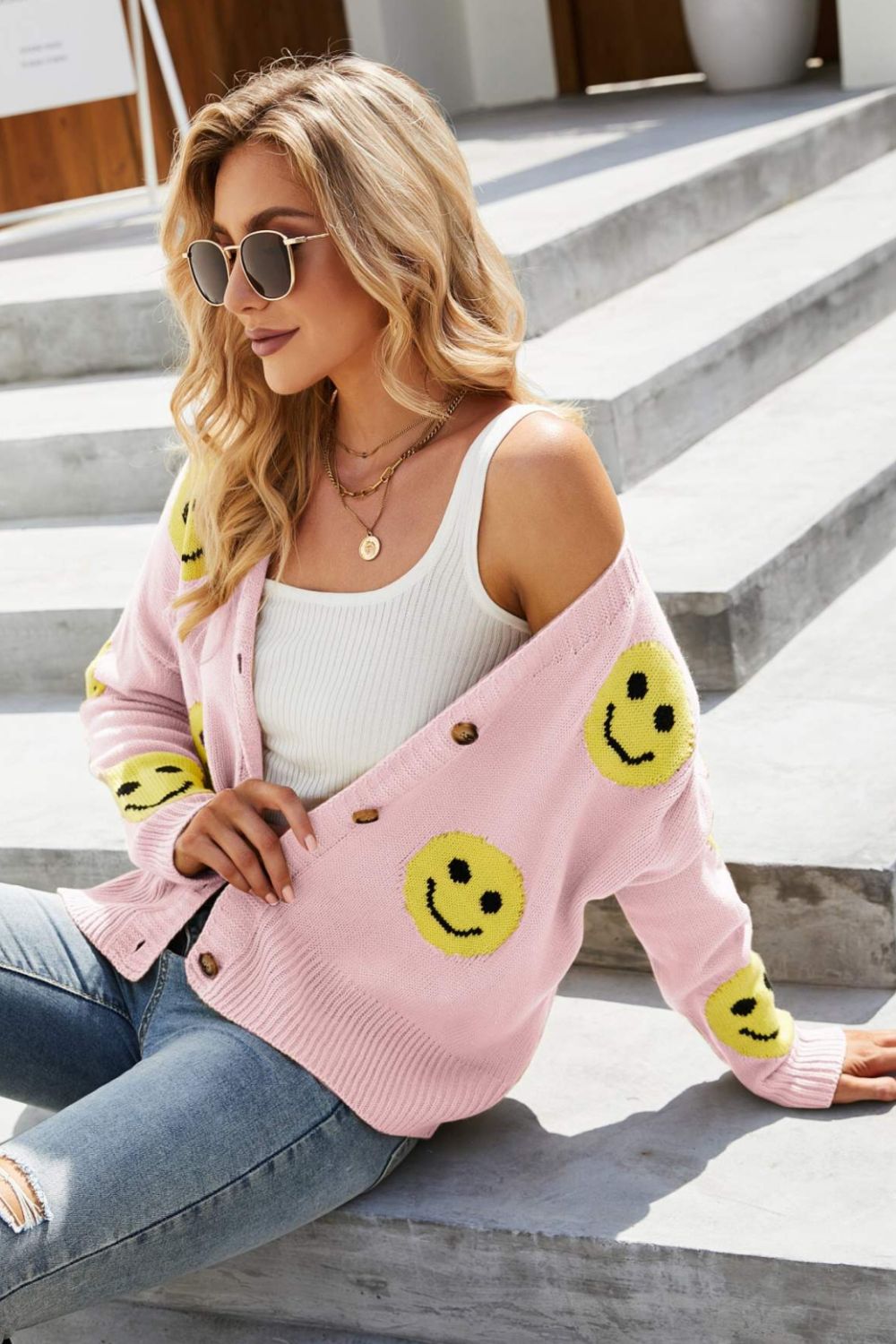 Smiley Face Ribbed Trim V-Neck Cardigan-Angel Casuals