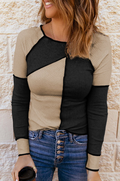 Color Block Round Neck Long Sleeve T-Shirt-Angel Casuals