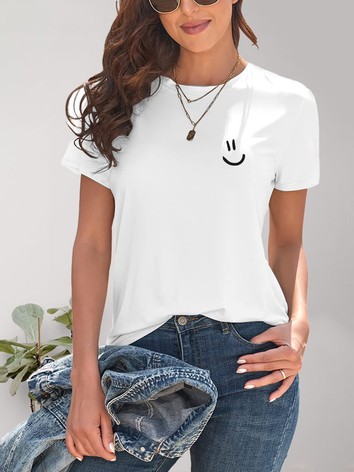 Smile Graphic Round Neck Short Sleeve T-Shirt-Angel Casuals