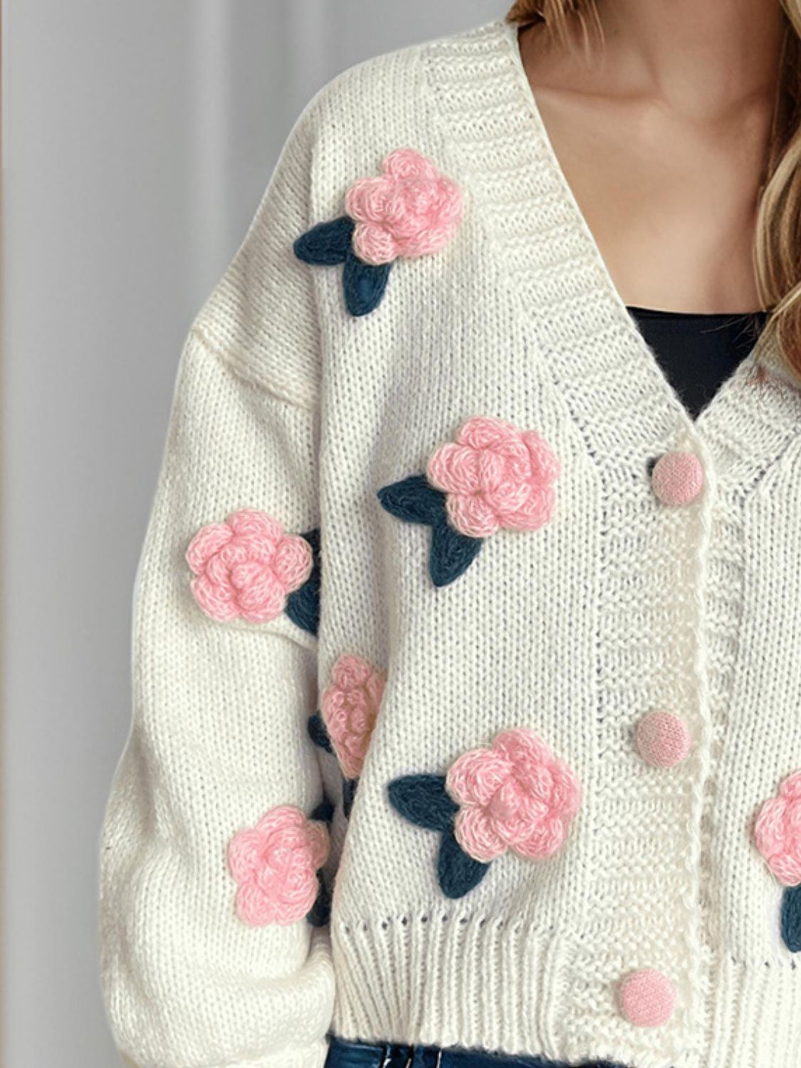 Flower Button Down V-Neck Long Sleeve Cardigan-Angel Casuals