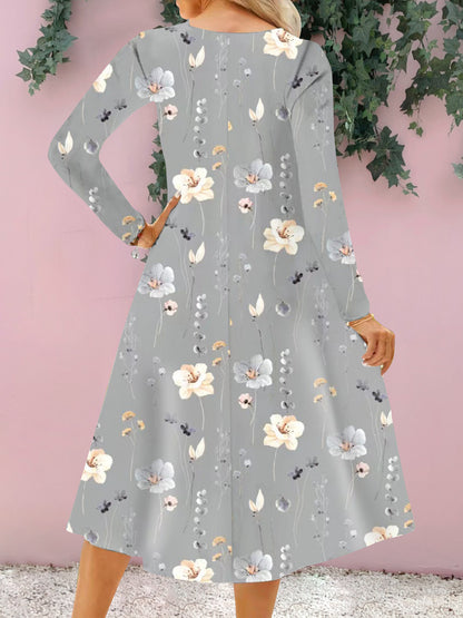 Floral Notched Long Sleeve Midi Dress-Angel Casuals