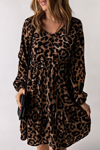 Leopard V-Neck Balloon Sleeve Tiered Dress-Angel Casuals