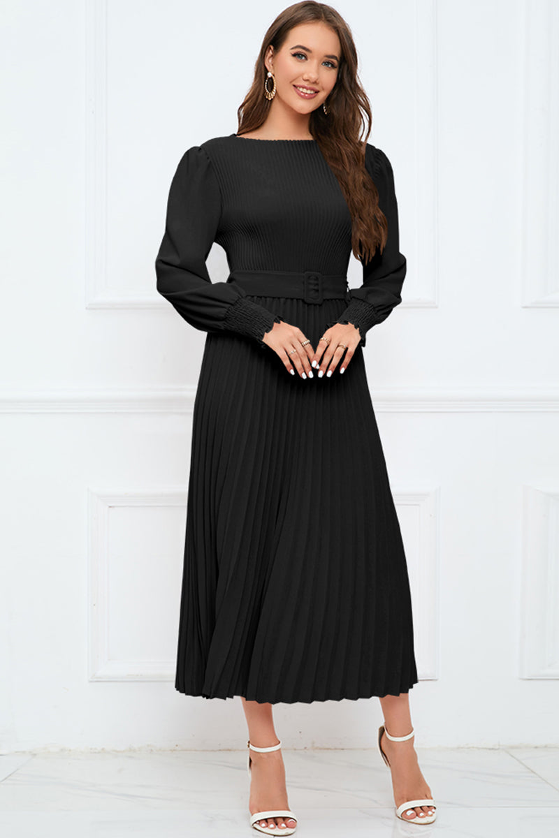 Round Neck Flounce Sleeve Pleated Dress-Angel Casuals