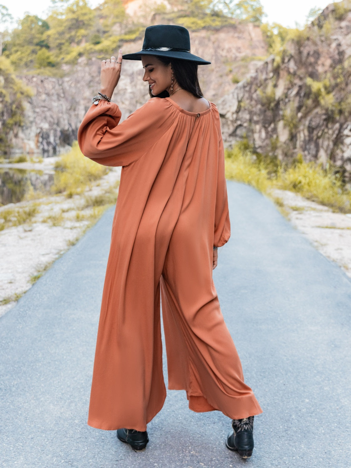 V-Neck Long Sleeve Wide Leg Jumpsuit-Angel Casuals