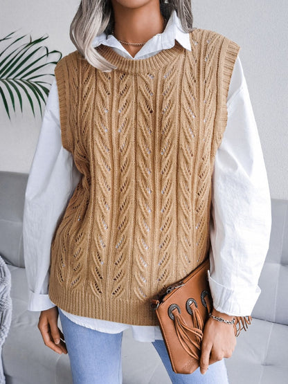 Round Neck Openwork Capped Sleeve Sweater Vest-Angel Casuals