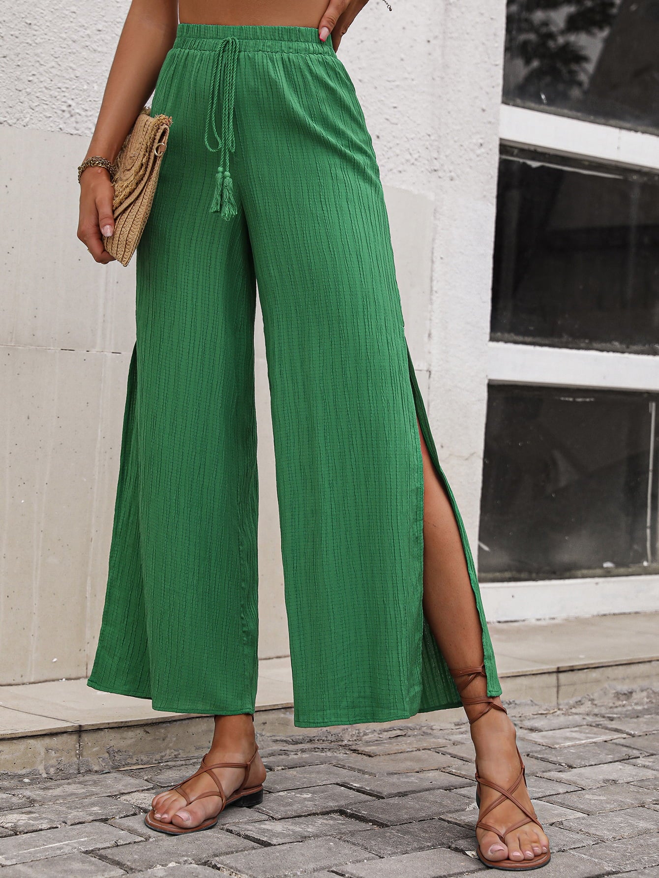 High Waist Slit Wide Leg Pants-Angel Casuals