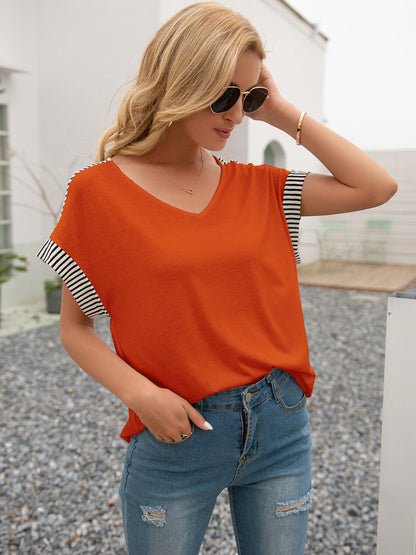 Striped V-Neck Short Sleeve T-Shirt-Angel Casuals