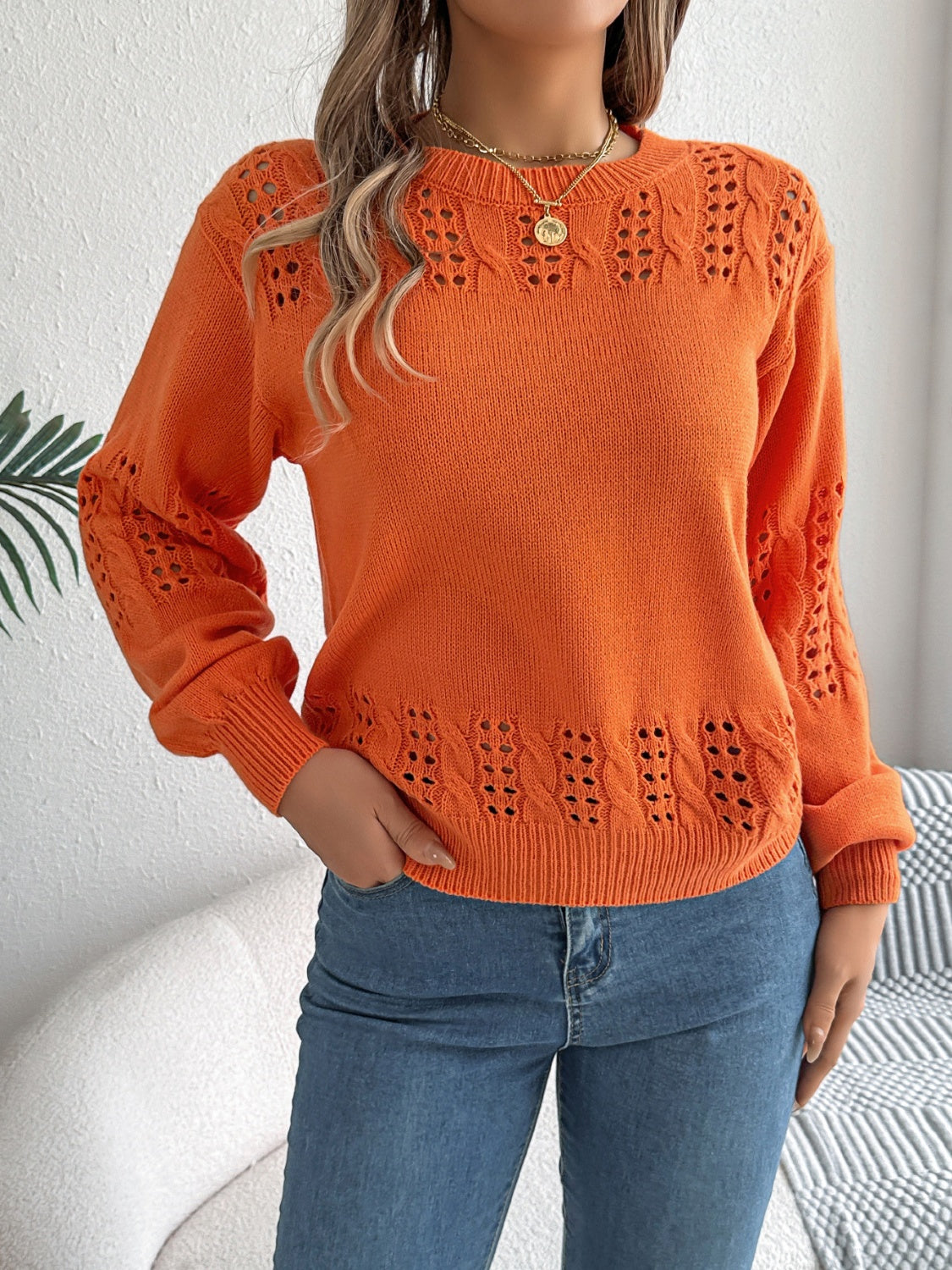 Openwork Round Neck Long Sleeve Sweater-Angel Casuals