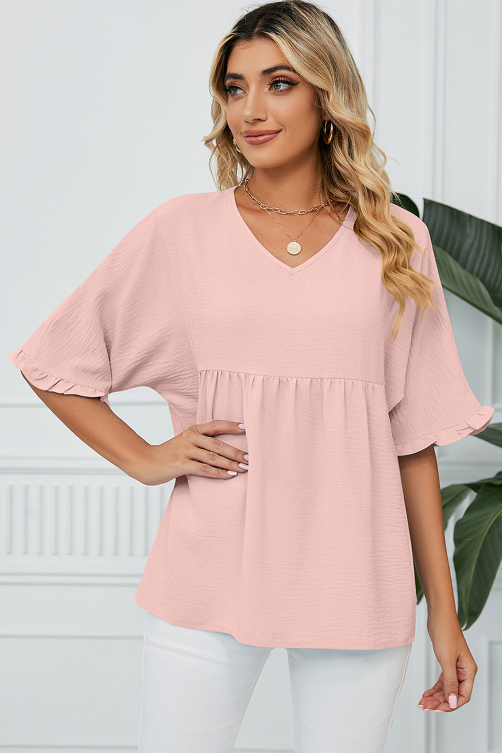 Peplum V-Neck Half Sleeve T-Shirt-Angel Casuals